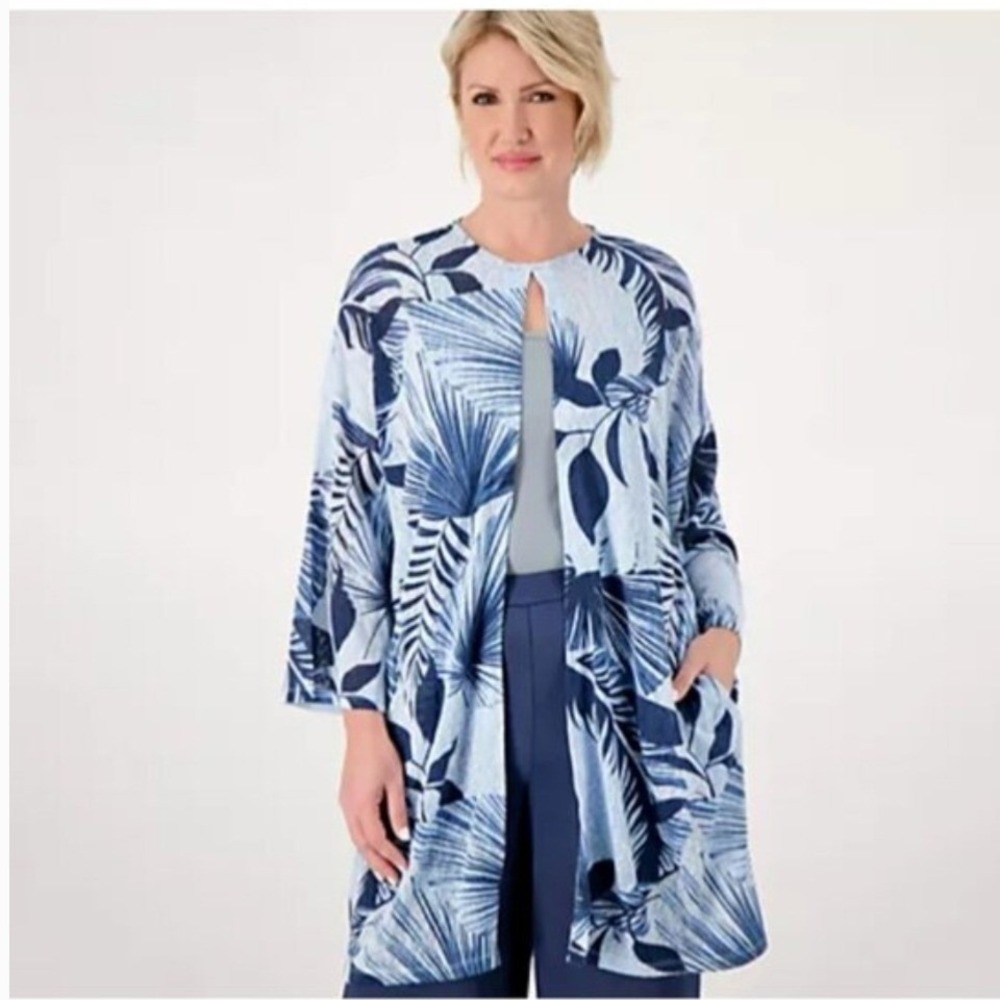 Girl With Curves Tropical Palm Print Open Front‎ Cardigan XL Blue